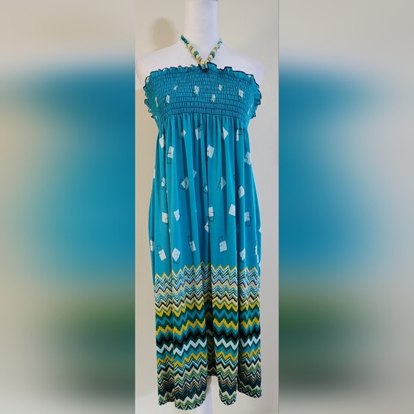 Vintage Beaded Halter Neck Aztec Print Dress Maxi Skirt Beach Cover-up L/XL - Picture 1 of 9
